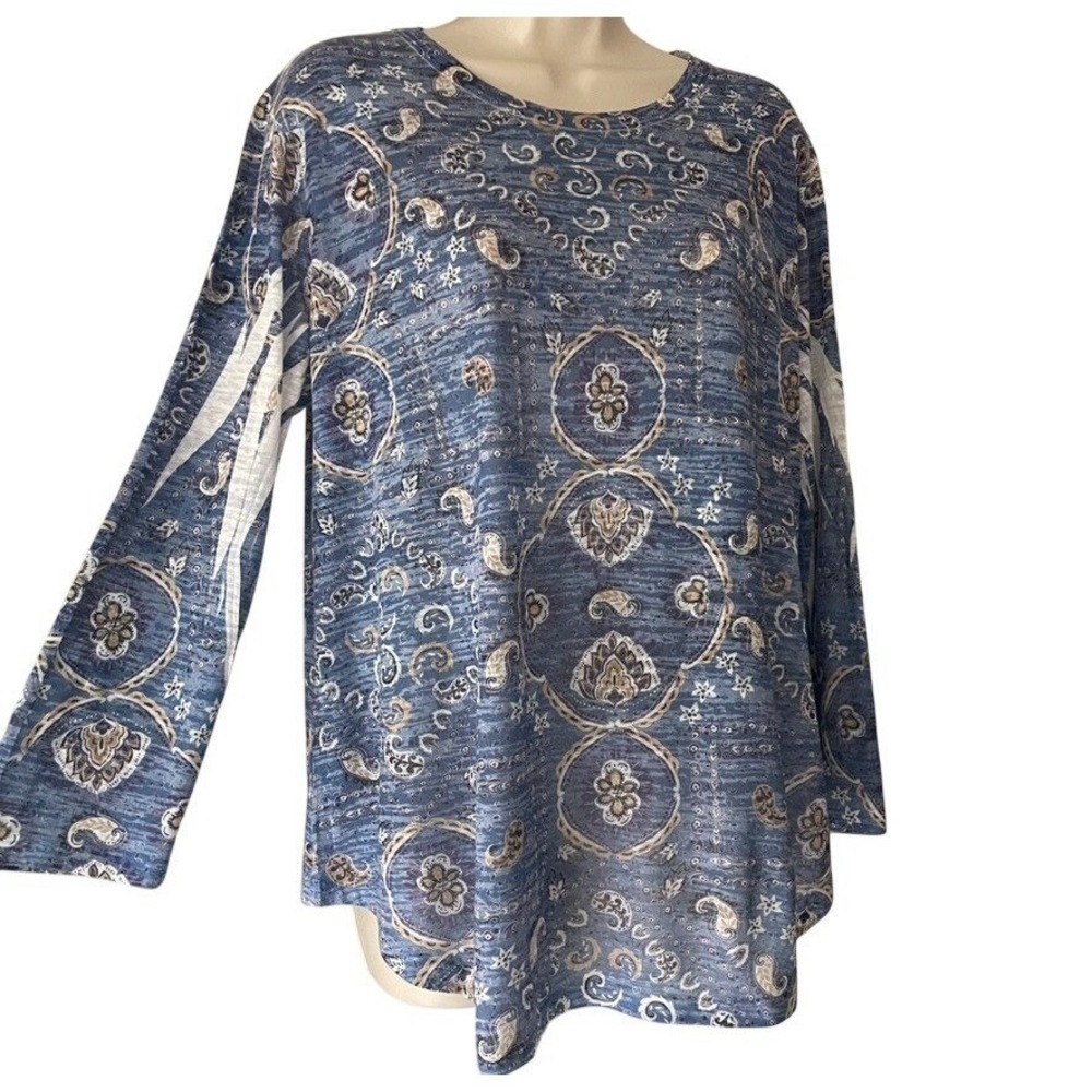 Jess & Jane Womens Large Blue Paisley Medallion Long Sleeve Knit Top Made USA